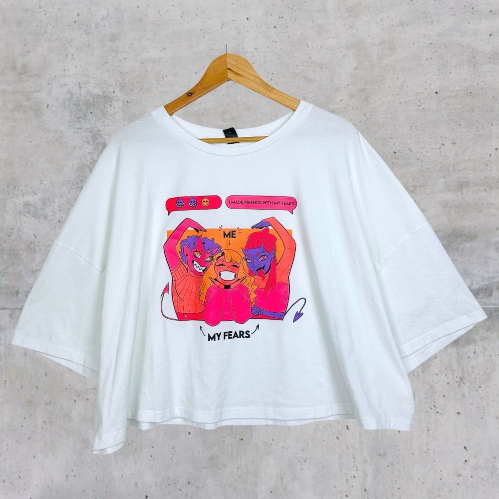 Shein I Made Friends With My Fears Anime Oversized Dopamine Dressing Crop Top